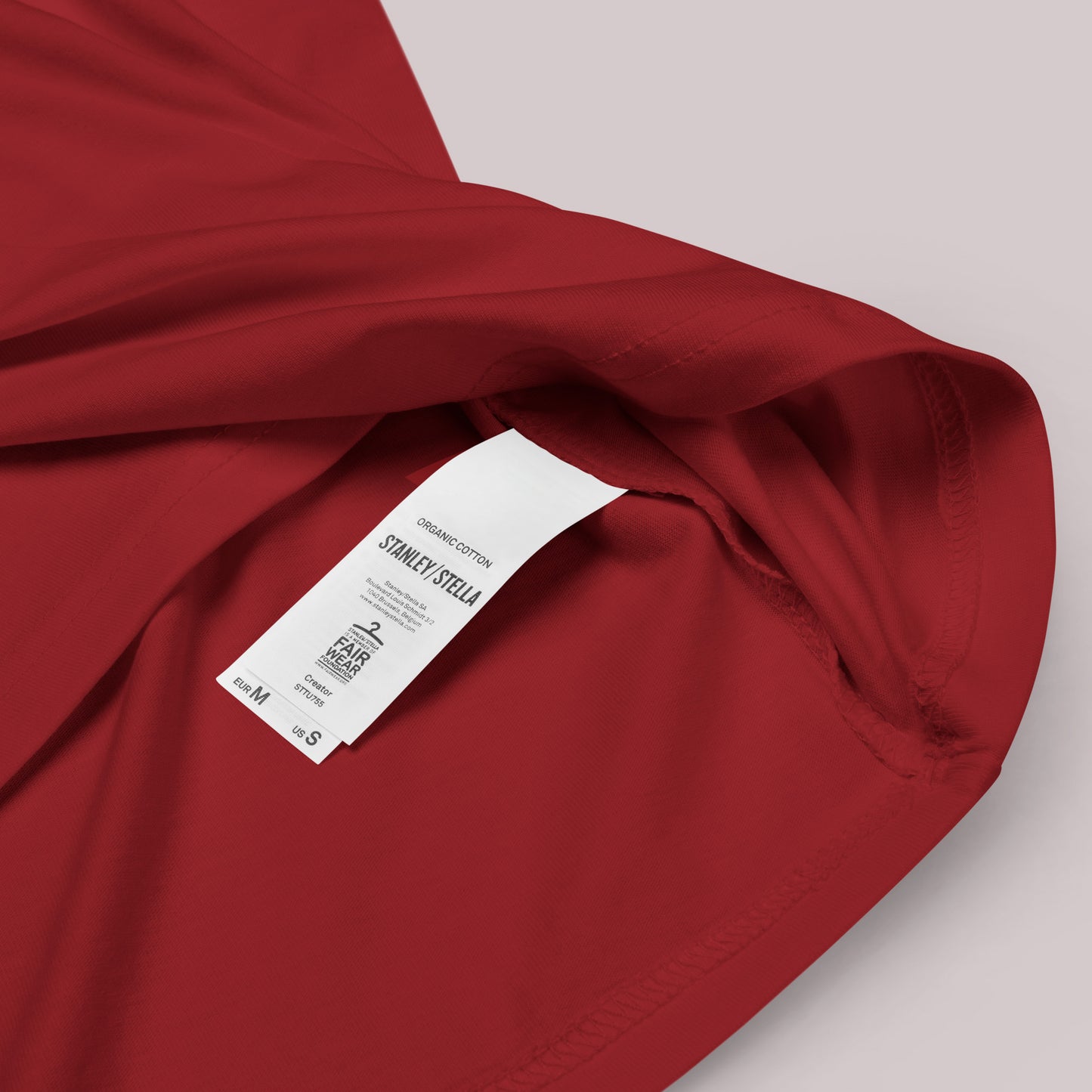 close up of organic conn ton label on Seductive Vermillion Unisex organic cotton t-shirt, in burgundy.