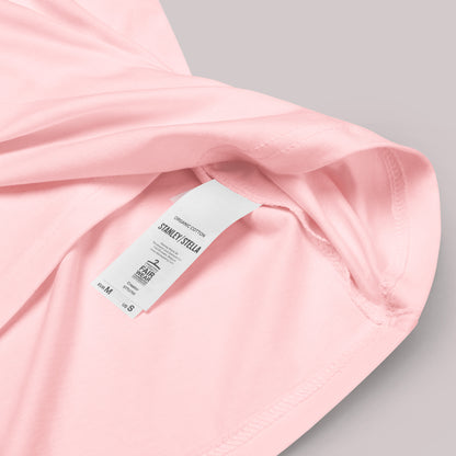 close up of organic cotton label on a cotton pink Eyes of Intuition Unisex organic cotton t-shirt,