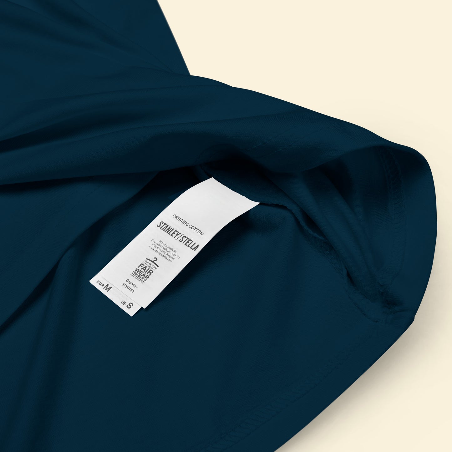 Close-up of Organic Cotton Label on Unisex Tee - French Navy Color