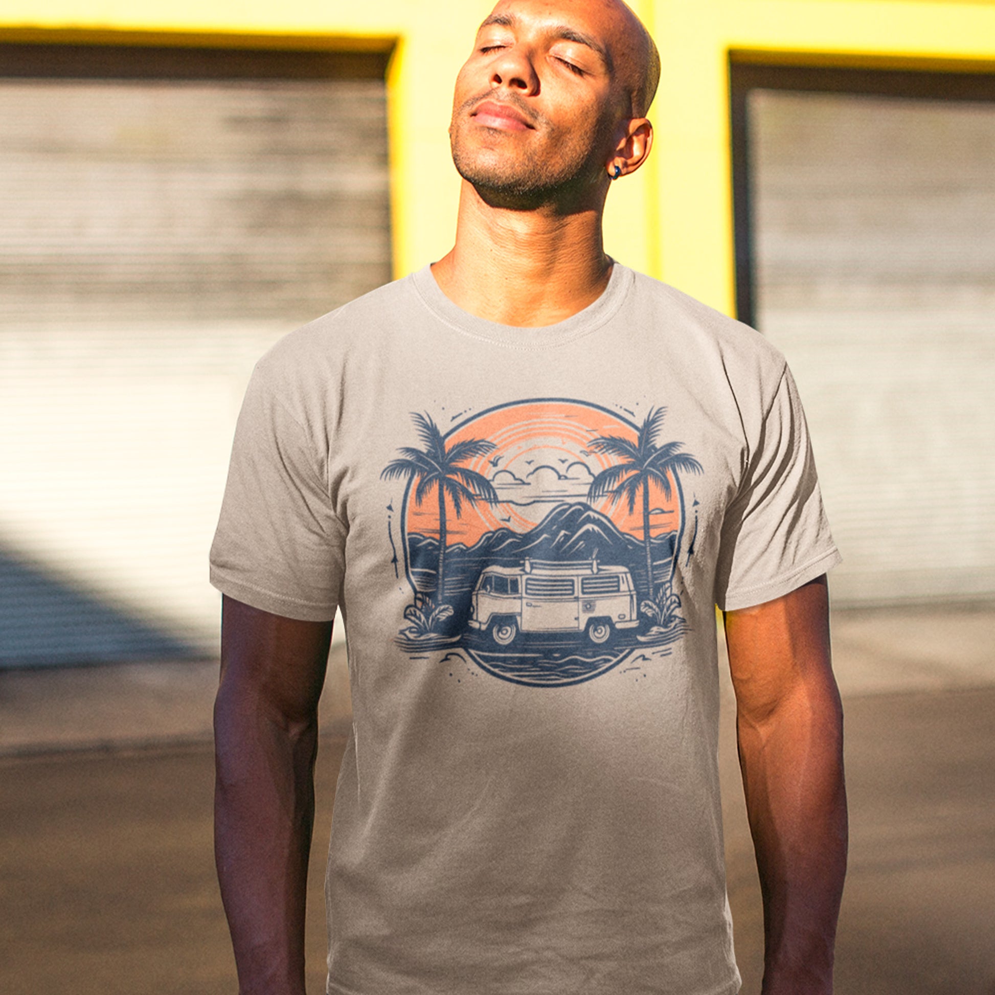 male model wearing a soft cream Palm Sunrise Unisex t-shirt