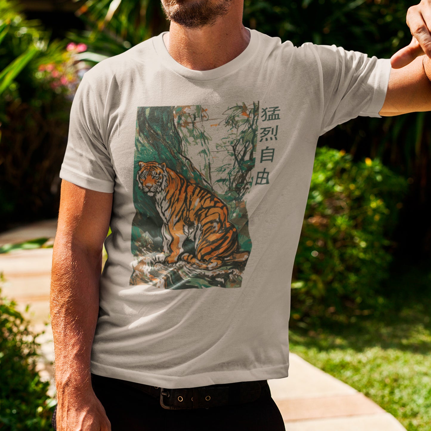 male model wearing desert duct Ferocious Freedom Unisex organic cotton t-shirt