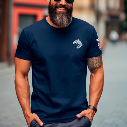 male model wearing french navy Whakaruru Tangaroa Unisex organic cotton t-shirt