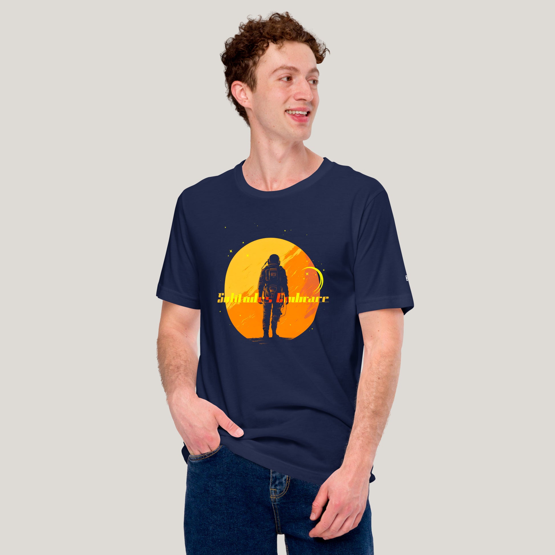  Solitudes Embrace Unisex t-shirt- in midnight navy- worn by model