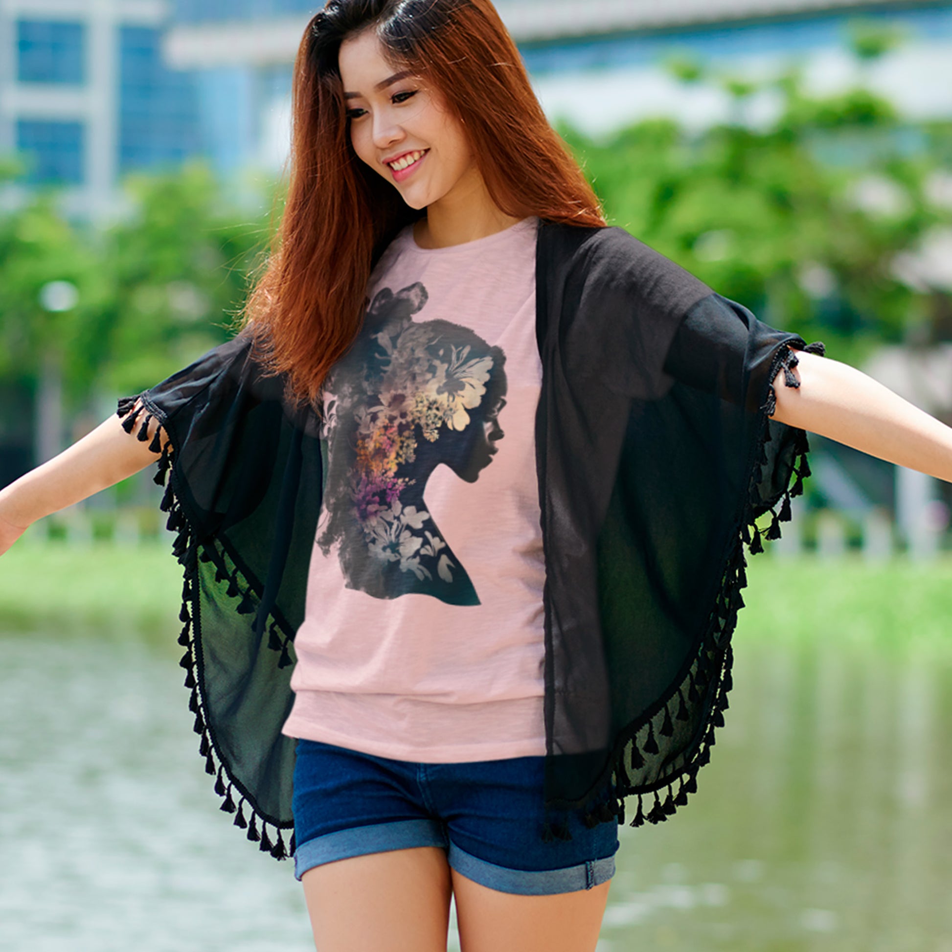 female model wearing heather prism peach Smoke Dreams Unisex t-shirt