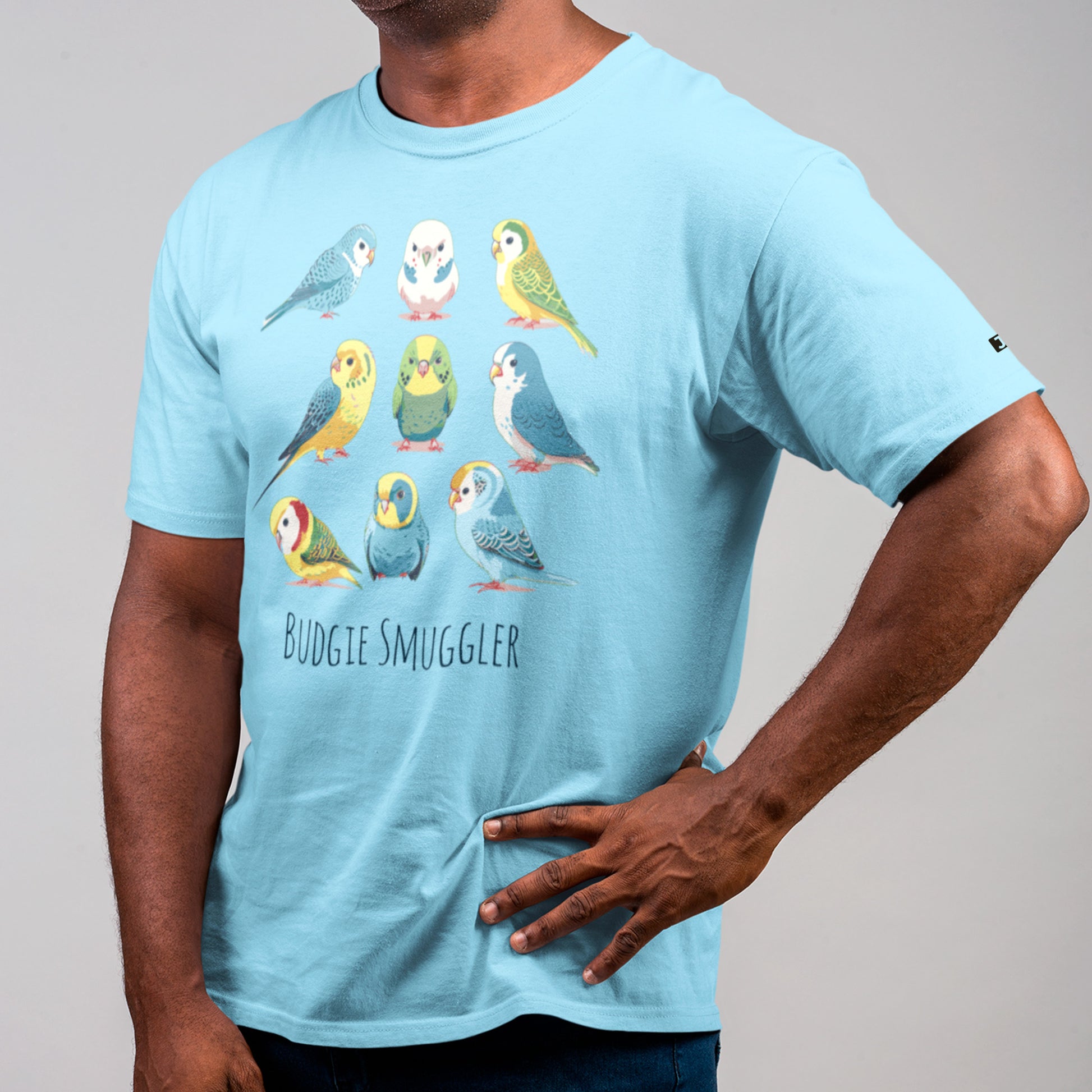 model wearing ocean blue Budgie Smuggler Unisex t-shirt