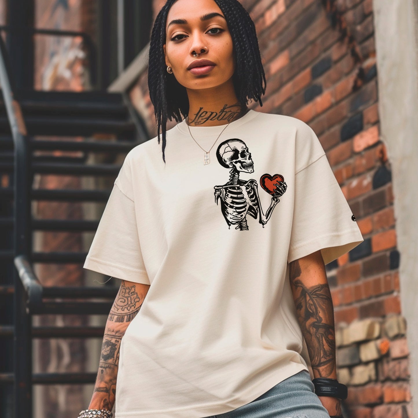 female model wearing Heart of Bone Oversized faded t-shirt