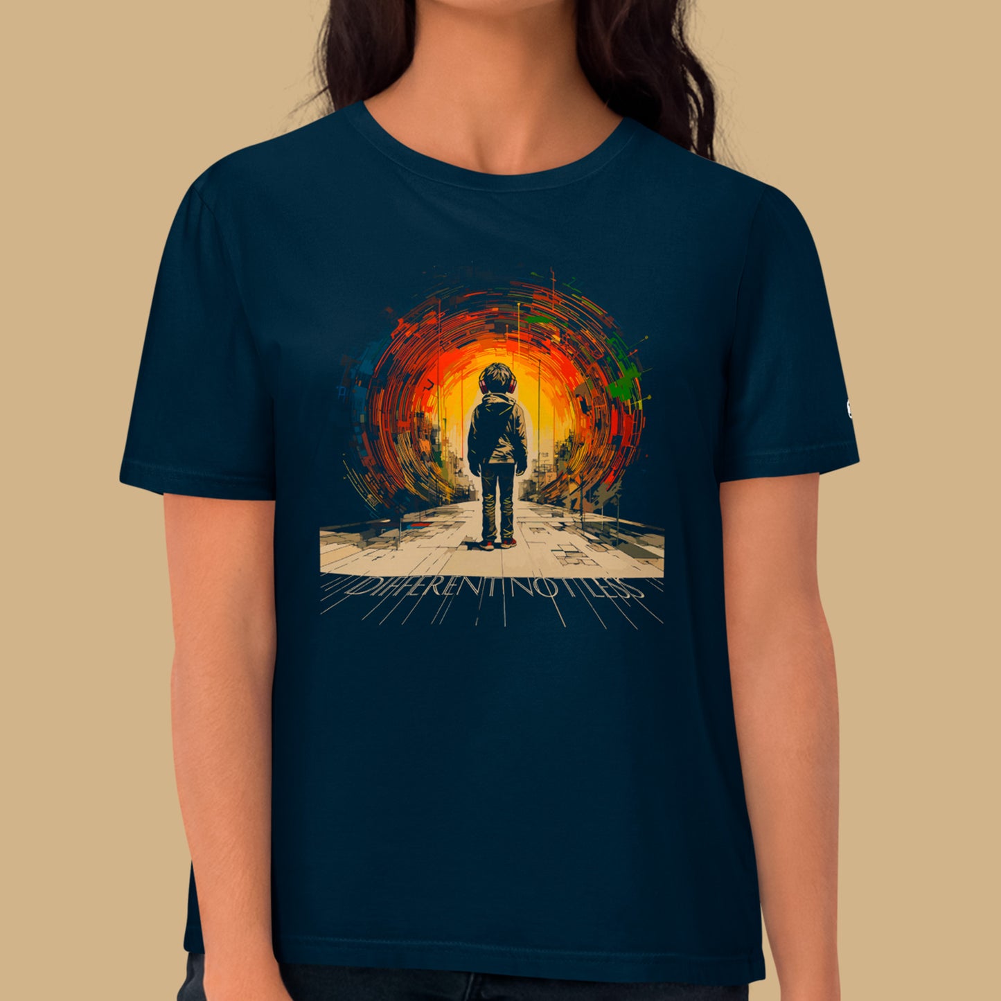 model wearing french navy Different, Not less Unisex organic cotton t-shirt