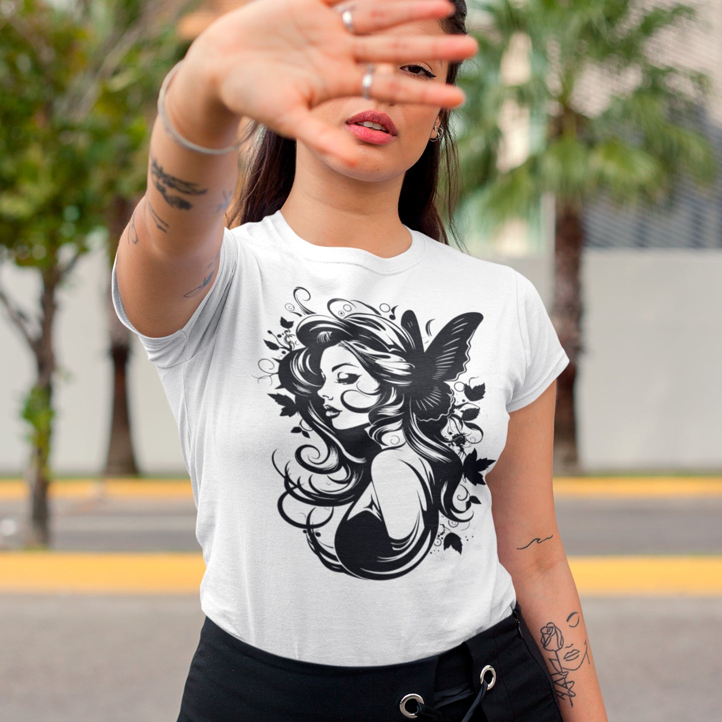 female model wearing white Fey Muse Unisex organic cotton t-shirt