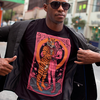 male model wearing black Blush Tango Unisex organic cotton t-shirt