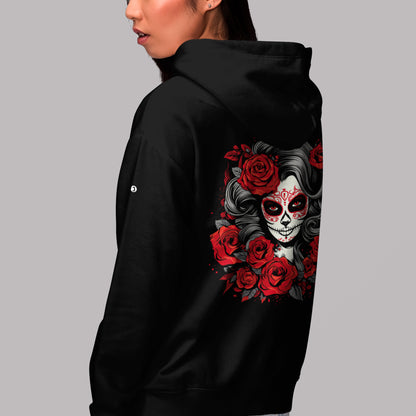 female model wearing La Catrina Rose Unisex Hoodie