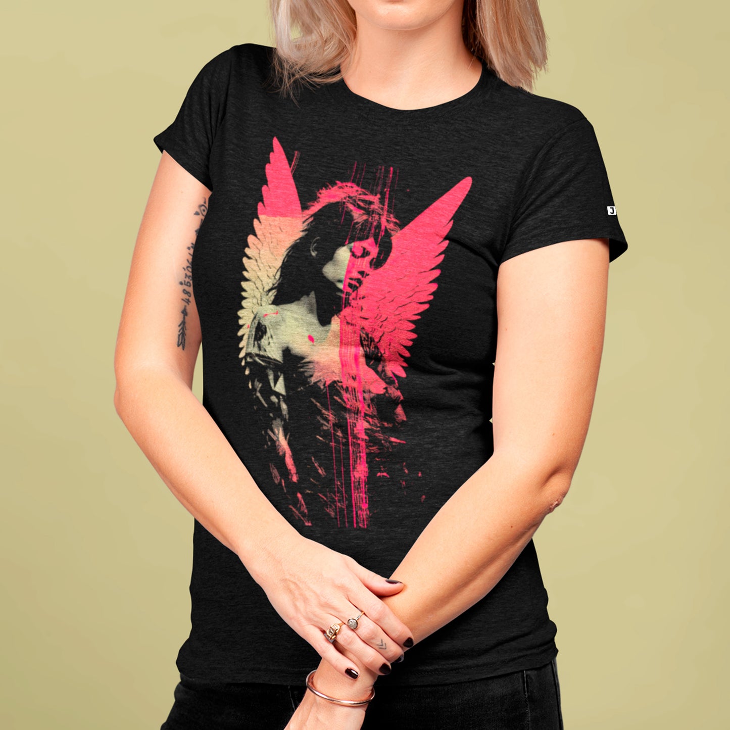 female model wearing Seraphic Shadows Unisex t-shirt