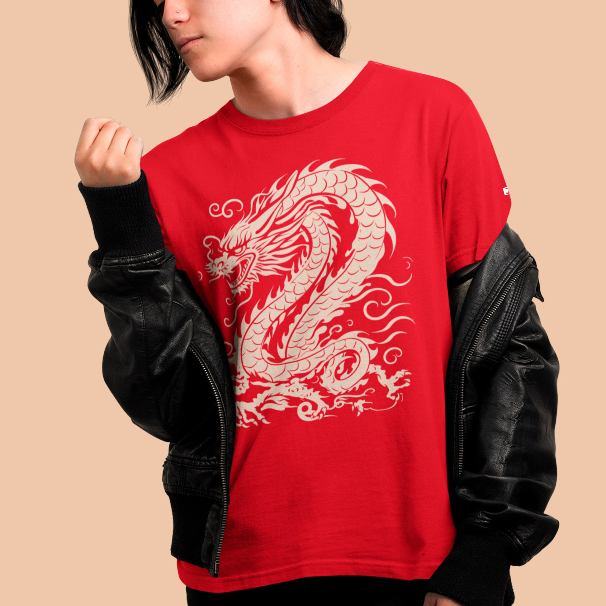 female model wearing red Eastern Lung (龙) Unisex t-shirt
