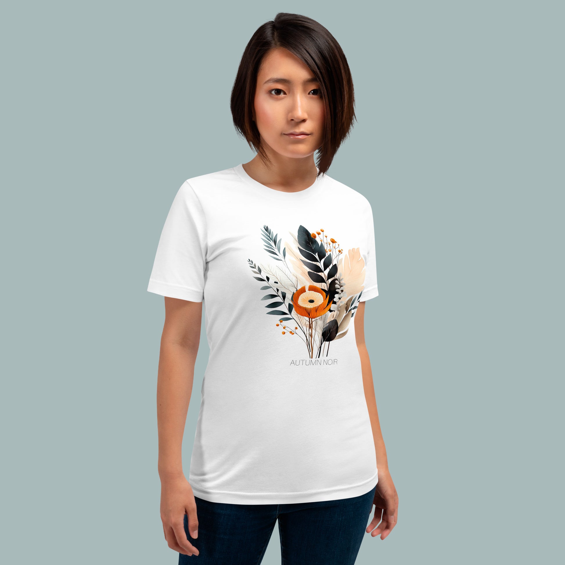 Autumn Noir Unisex T-shirt in White on Female Model