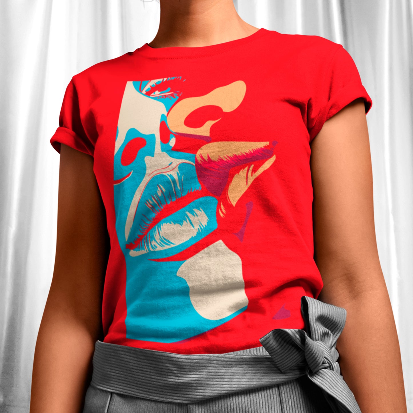 female model wearing a red Lust Unisex organic cotton t-shirt