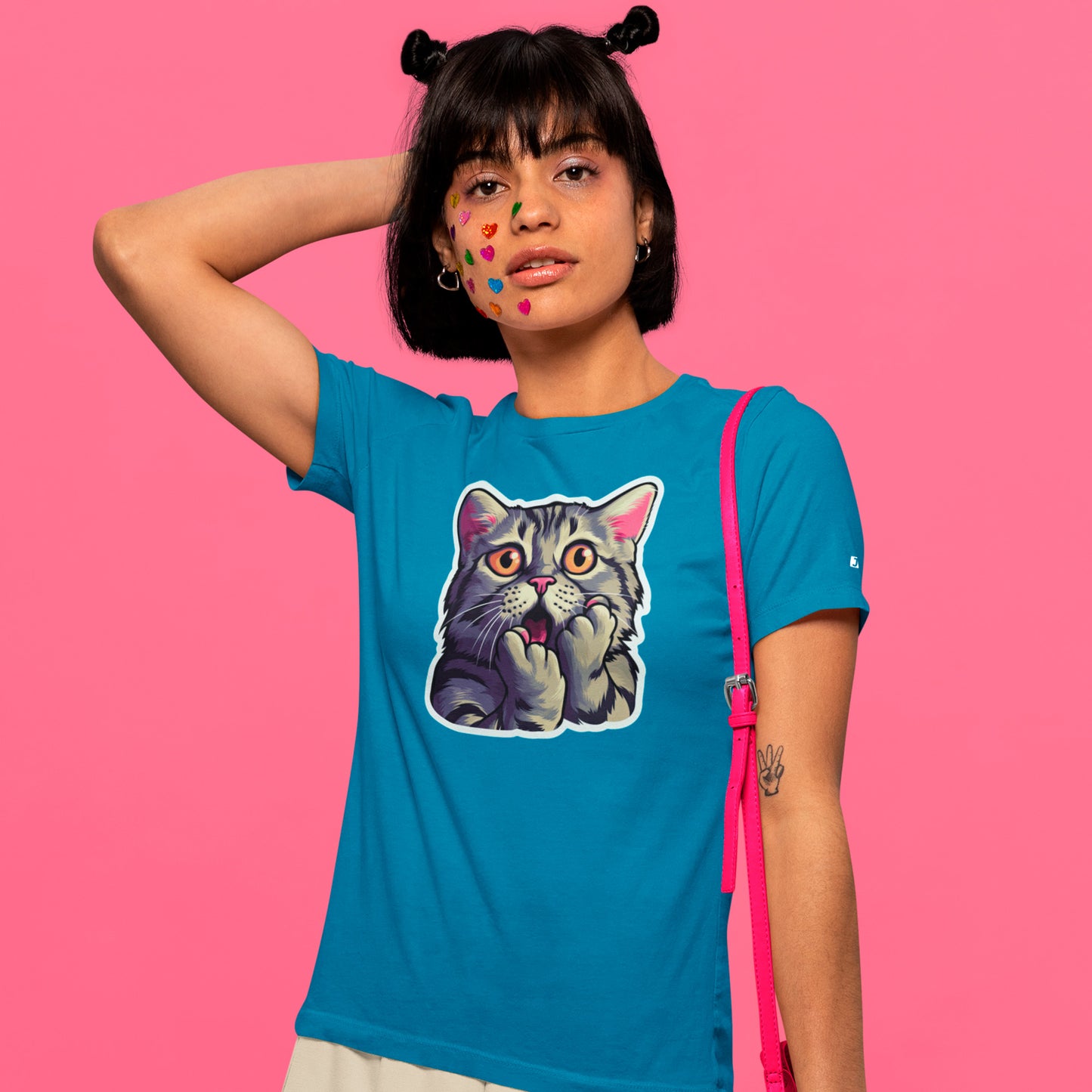 female model wearing aqua Cat-astrophic Surprise Unisex t-shirt 
