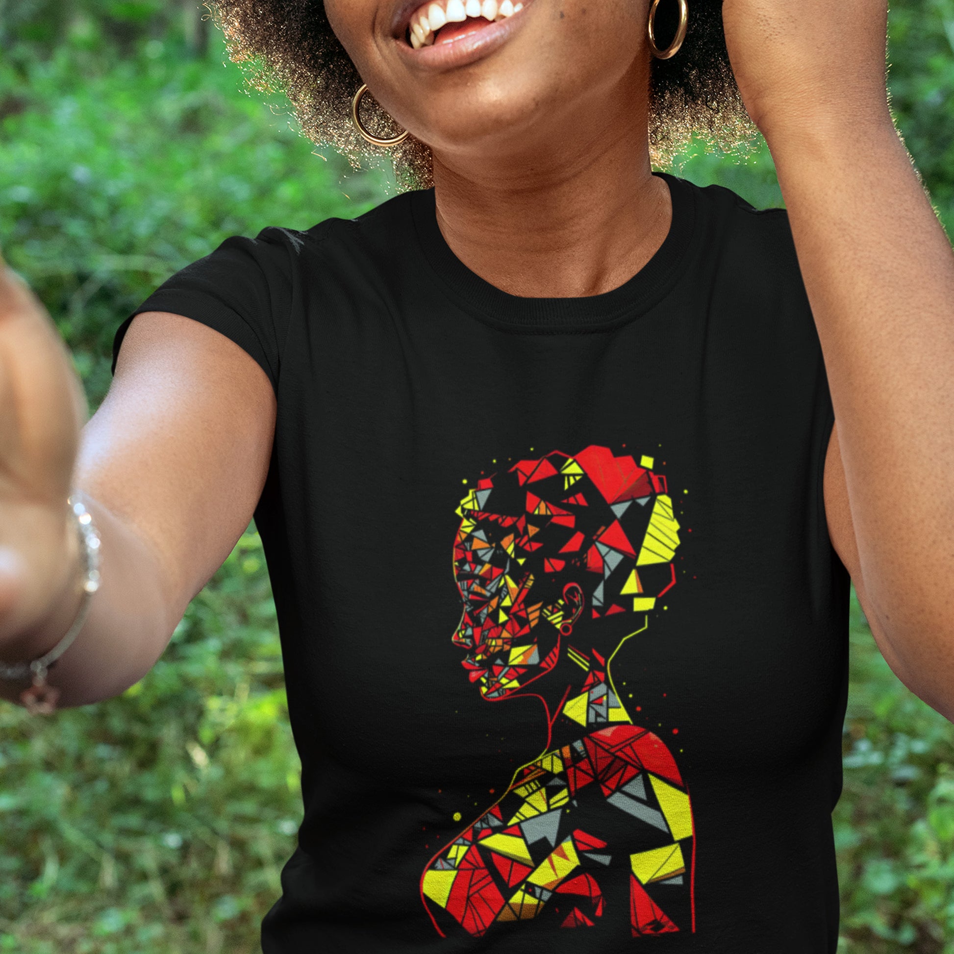 female model wearing Facets of Femininity Unisex organic cotton t-shirt- in black, outdoors