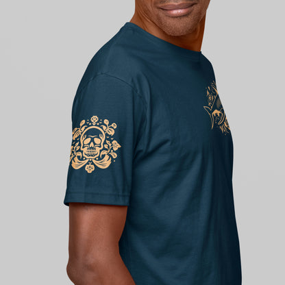 male model wearing french navy Ka Manō Unisex organic cotton t-shirt. sleeve closeup