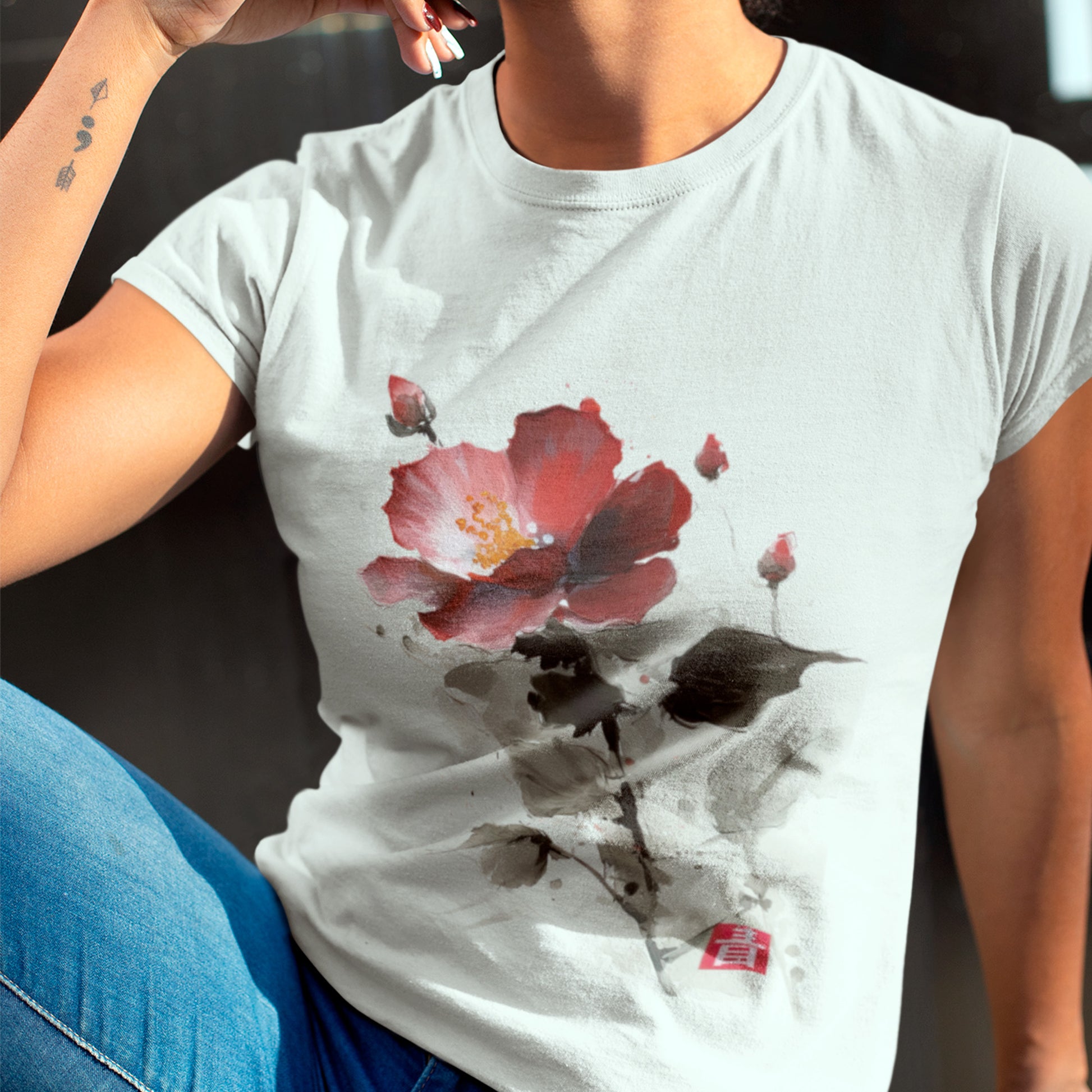 female model wearing silver Palette Poetry Unisex t-shirt