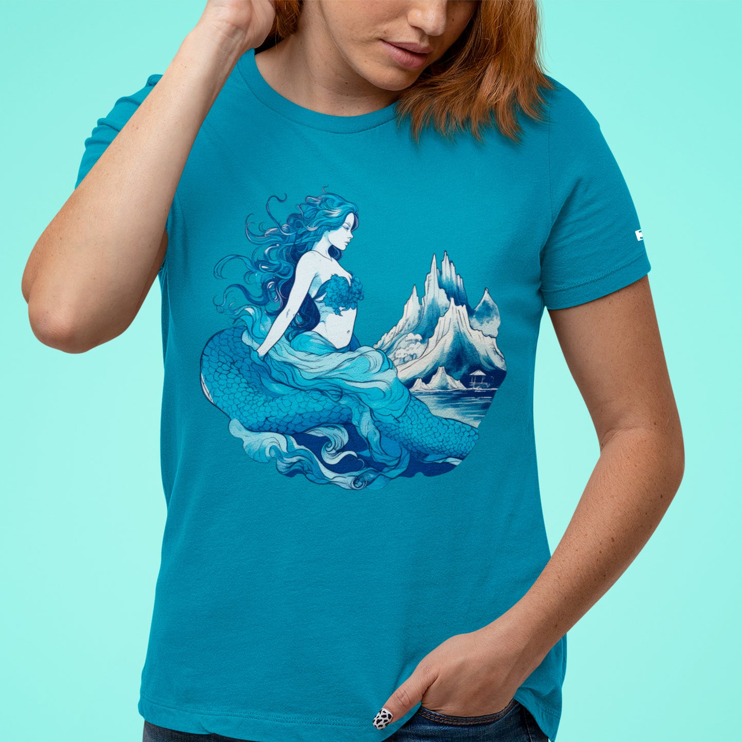 female model wearing aqua Ocean Charm Unisex t-shirt