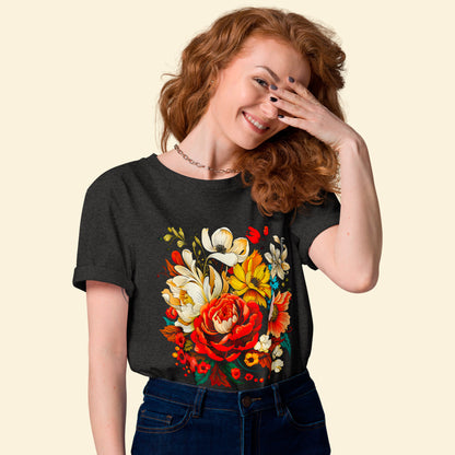 Model Wearing In Bloom  Organic Cotton Unisex Tee - Dark Heather Color