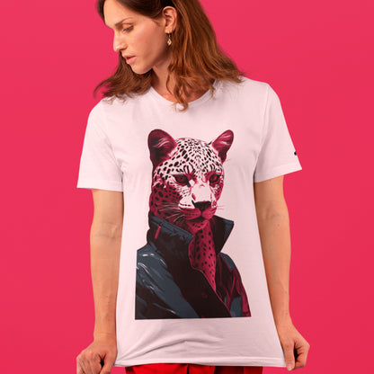 female model wearing cotton pink Pretty in Pink Unisex organic cotton t-shirt