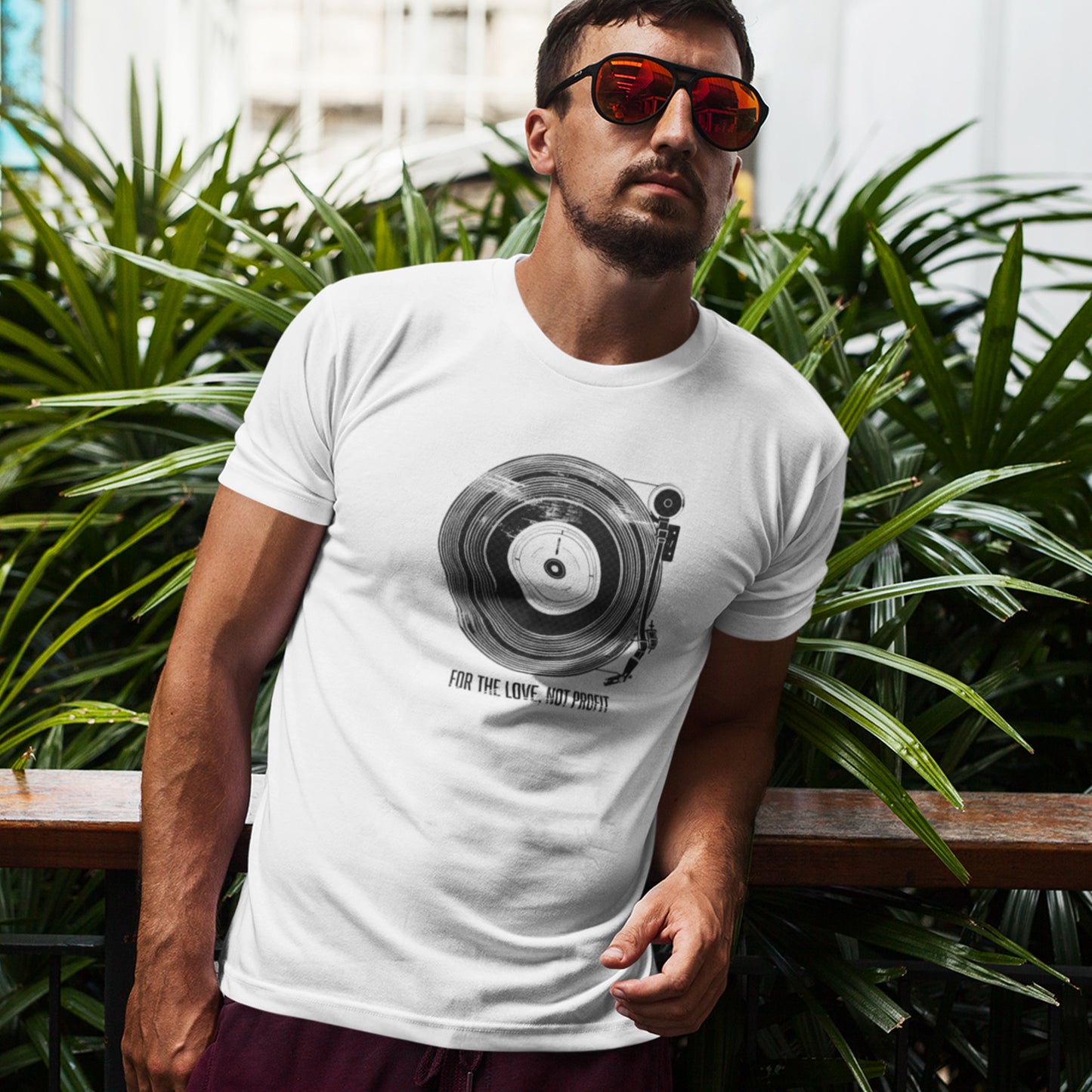 For The Love Unisex organic cotton t-shirt- white- worn by male model outdoors