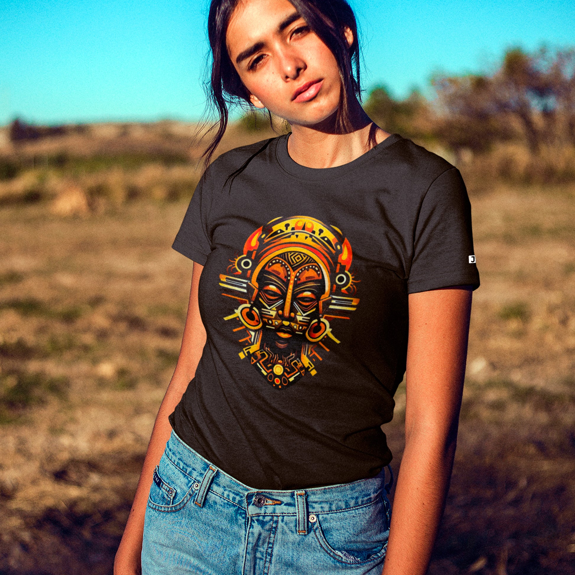 female model wearing brown Heritage Veil Unisex t-shirt