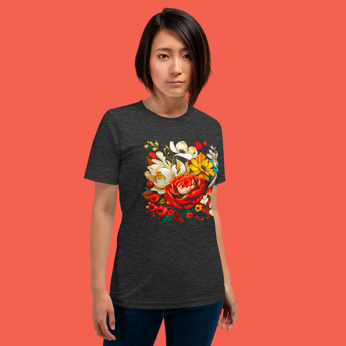 Model Wearing In Bloom Unisex T-Shirt - Black Heather Color