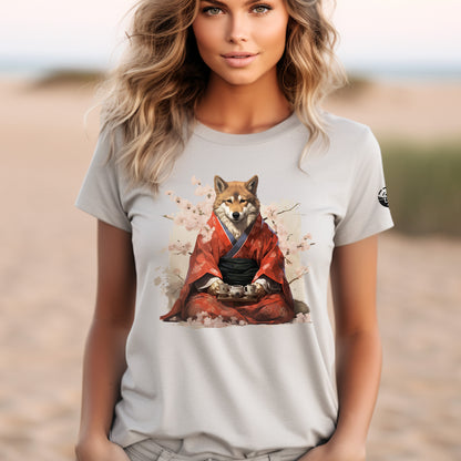 female model wearing silver Kimono Inu Unisex t-shirt