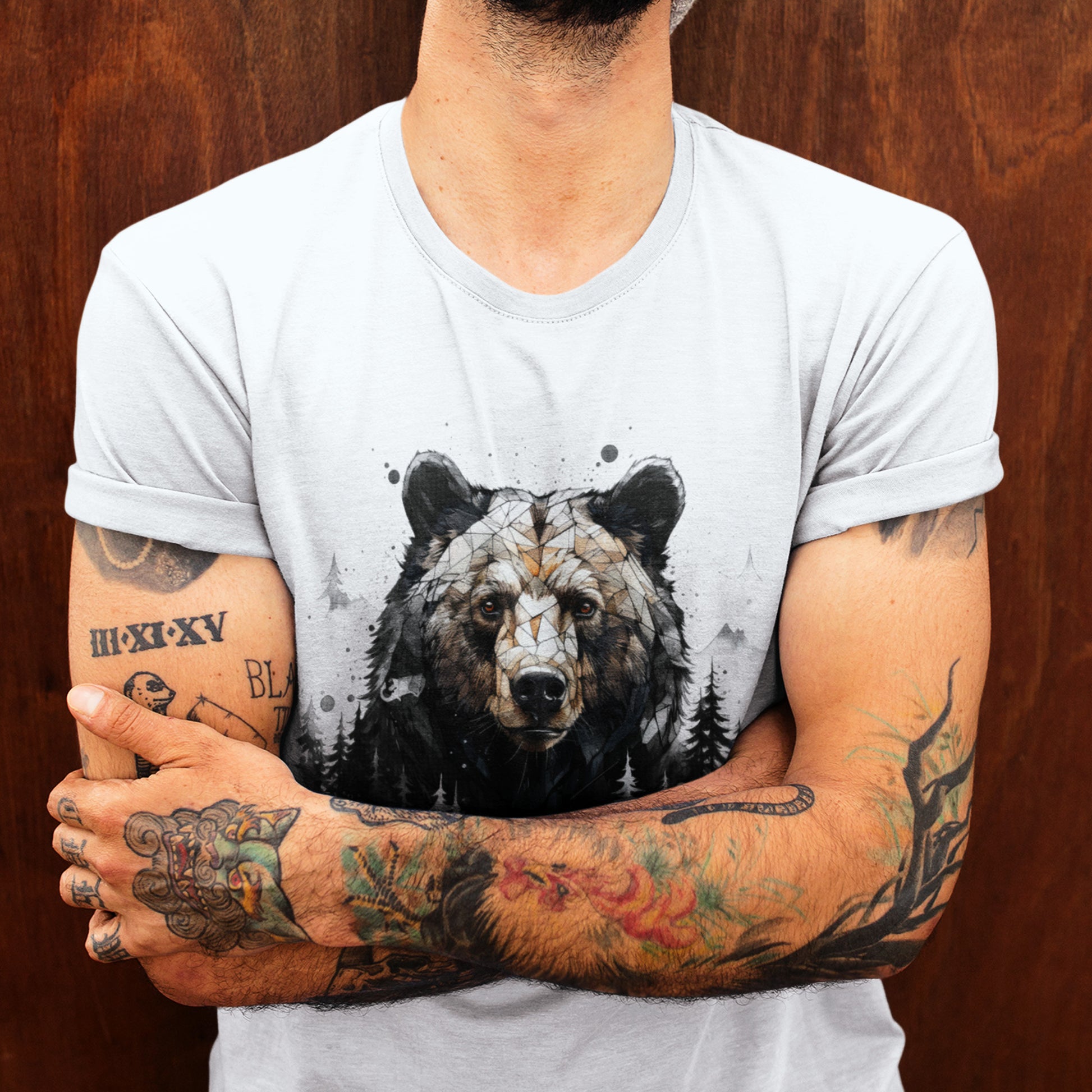 Close up of Guardian Of The Forest Unisex t-shirt- Ash- worn by model