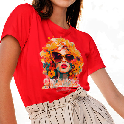 female model wearing a red Sunkiss Serenity Unisex organic cotton t-shirt