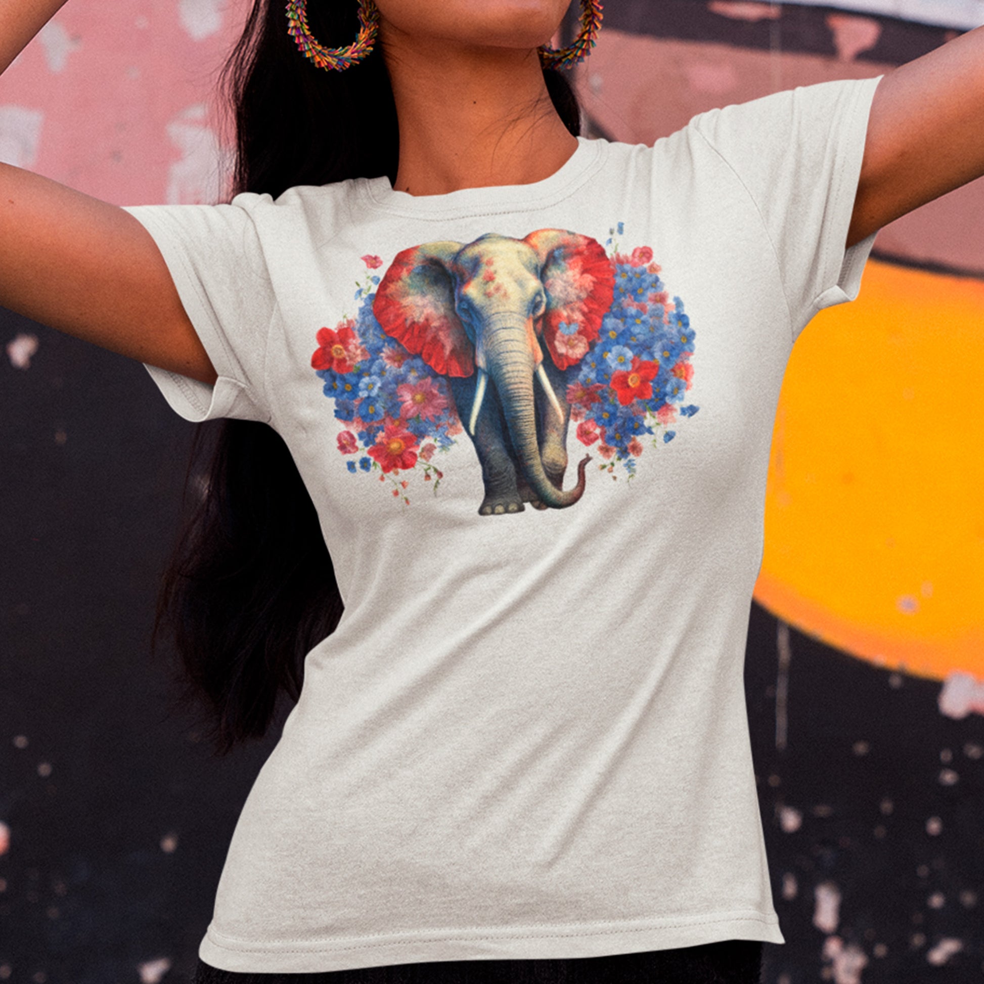 female model wearing an ash colour Floral Majesty Unisex t-shirt