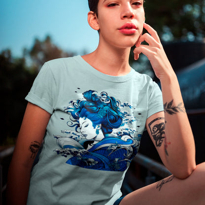 Female model wearing Tokyo Princess Unisex t-shirt in prism ice blue