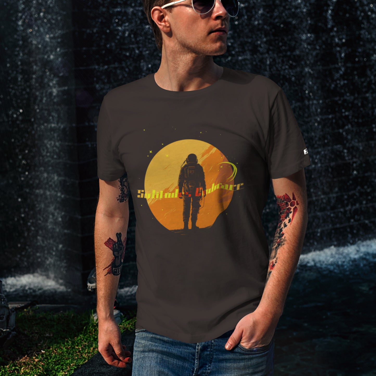 Solitudes Embrace Unisex t-shirt- in brown- worn by model outdoors