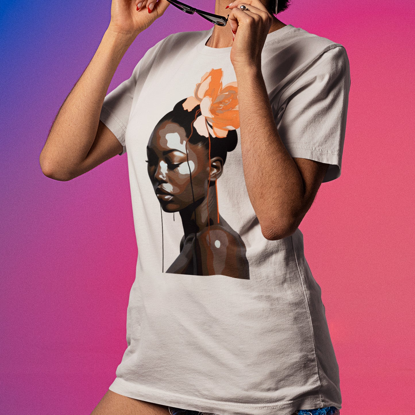 Female model wearing Ebonic Enchantment Unisex t-shirt, in ash.