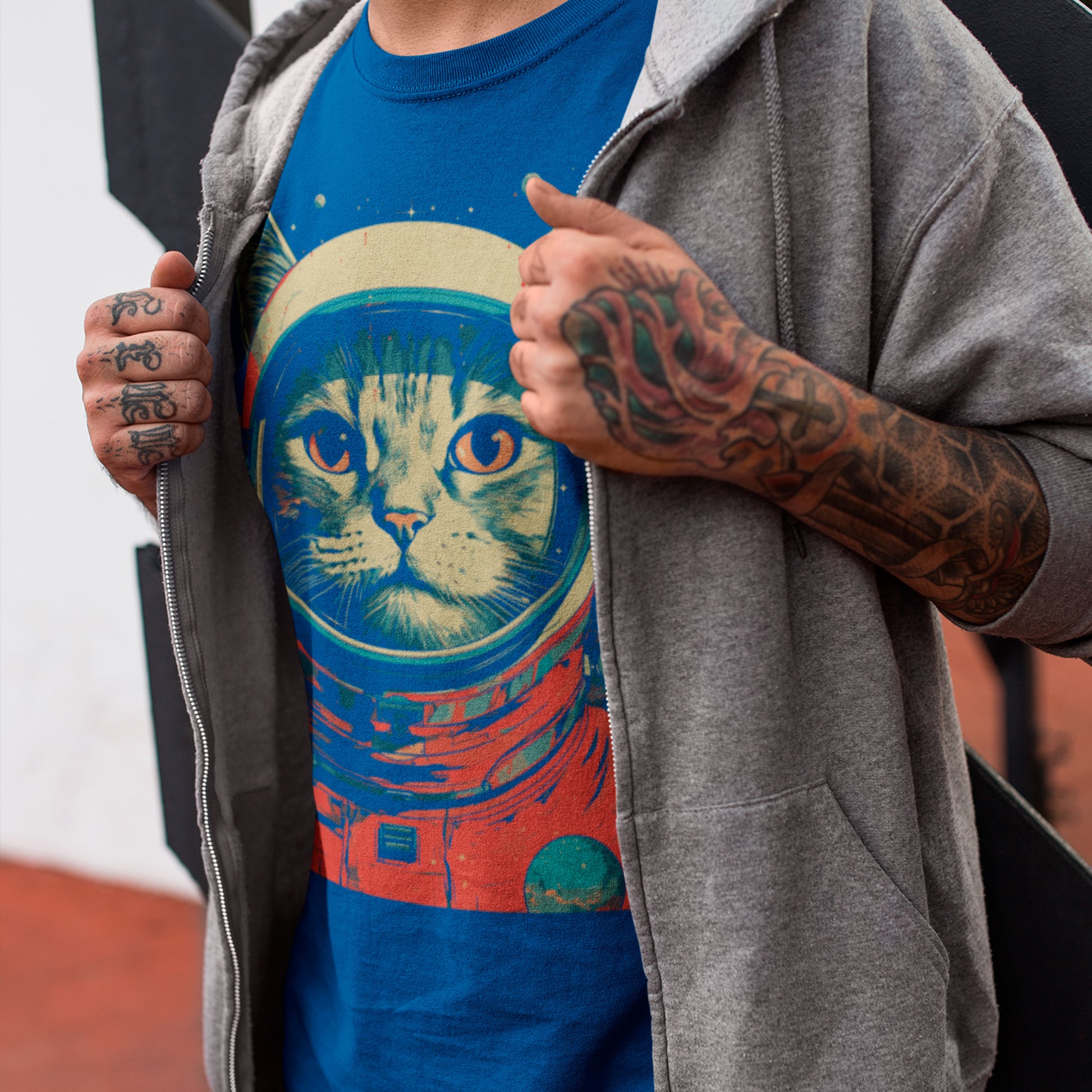 male model wearing true royal Cosmic Kitty Unisex t-shirt