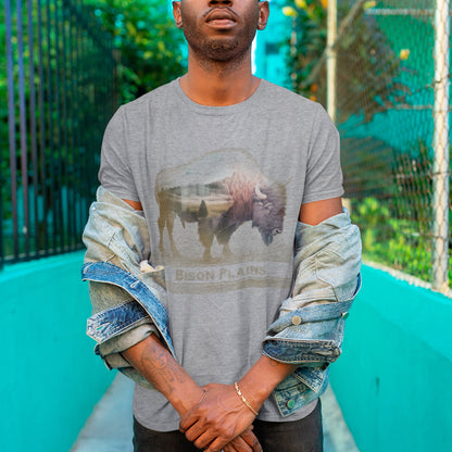 Model wearing Bison Plains Unisex organic cotton t-shirt- outdoors