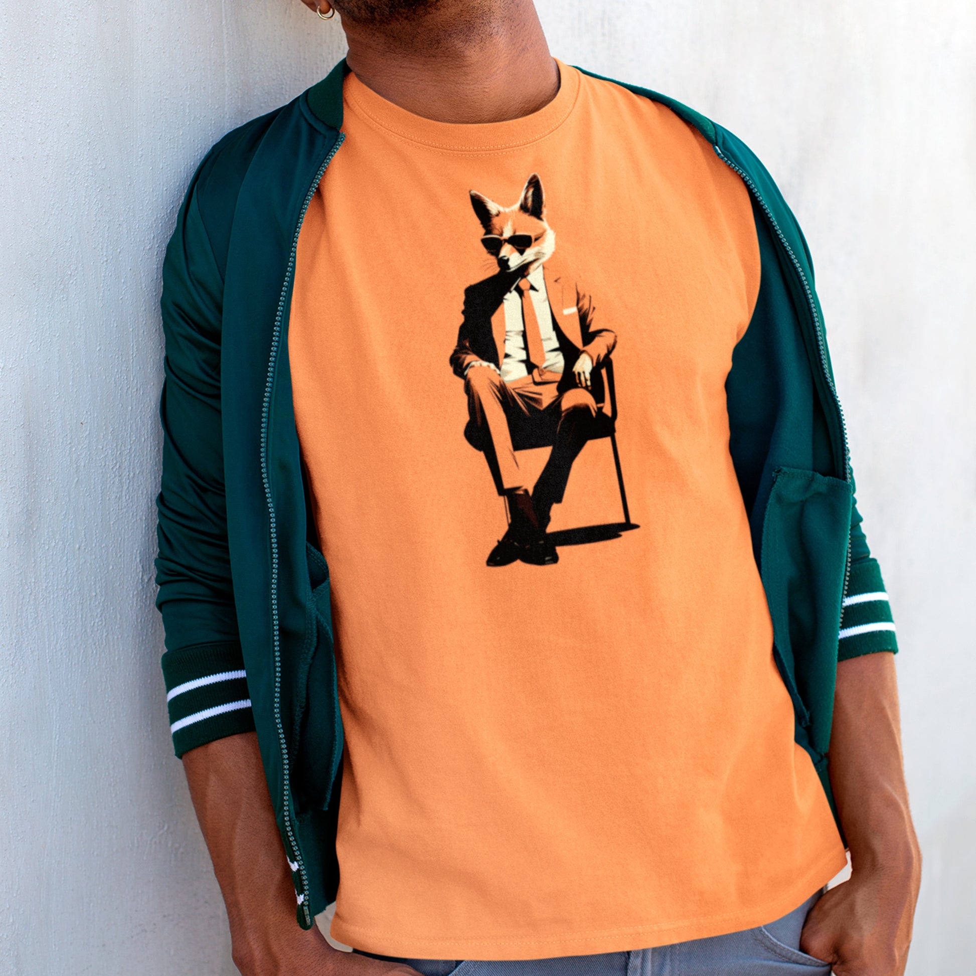 model wearing burnt orange Outfoxed  Unisex t-shirt