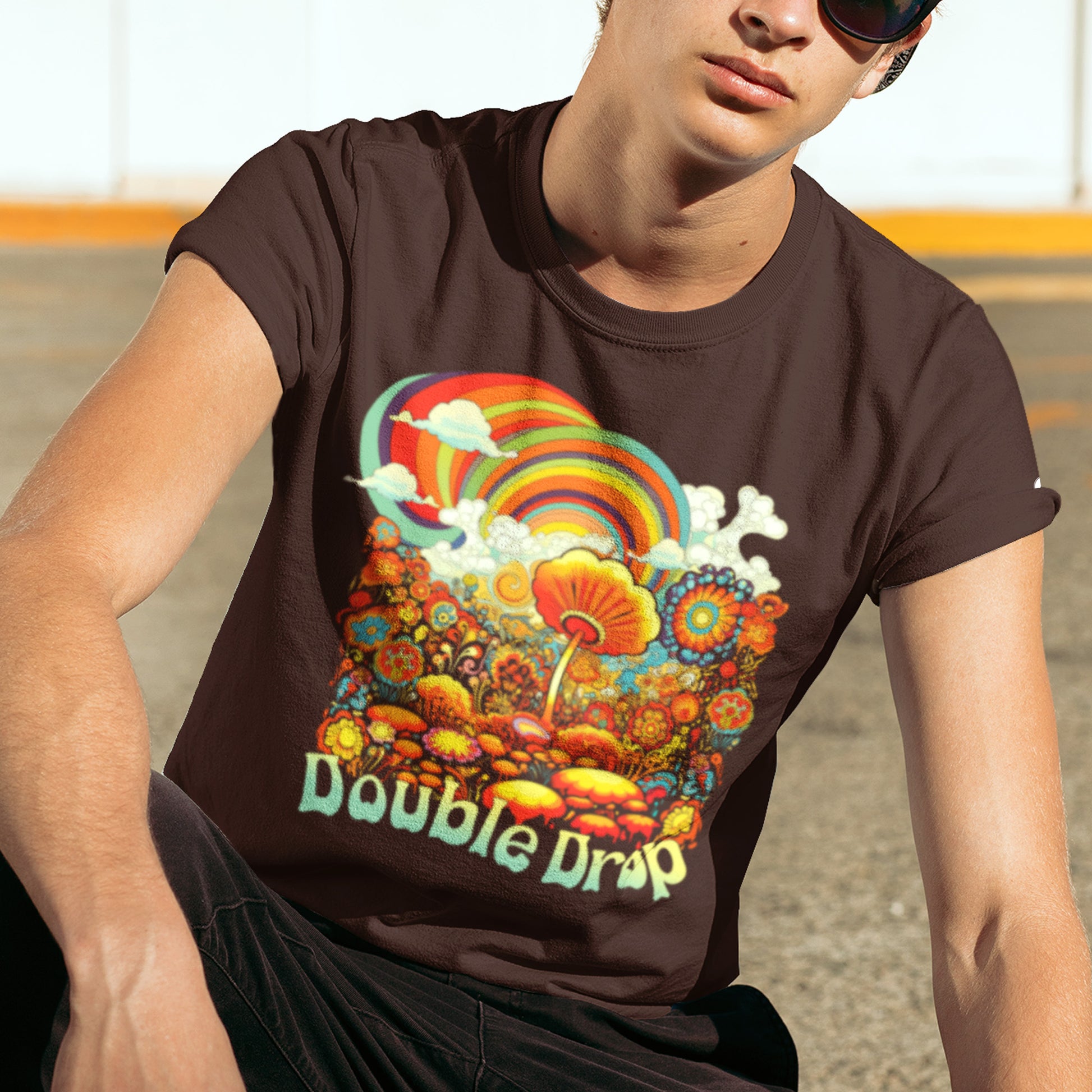 model wearing Double Drop Unisex t-shirt- in brown