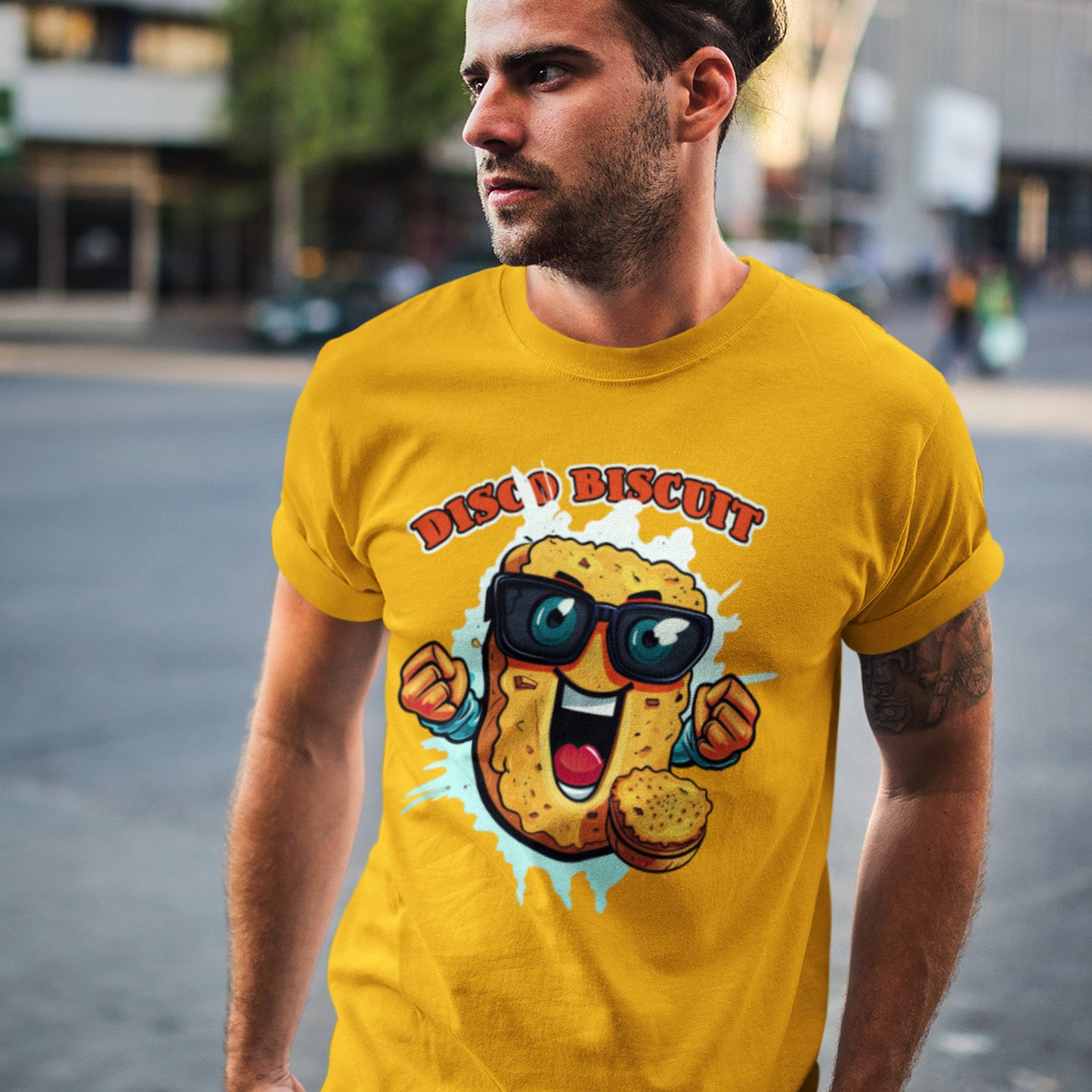 male model wearing Disco Biscuit Unisex t-shirt- in mustard