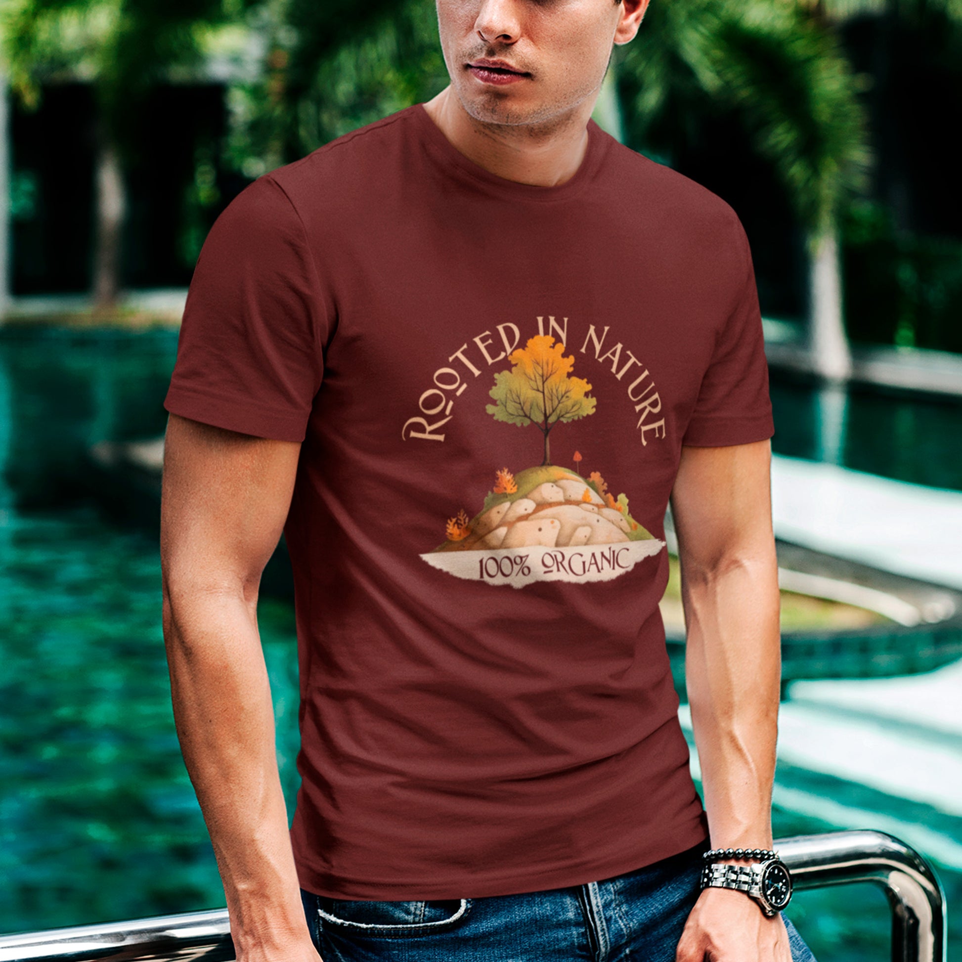 Male model wearing Rooted in Nature Unisex organic cotton t-shirt- in burgundy