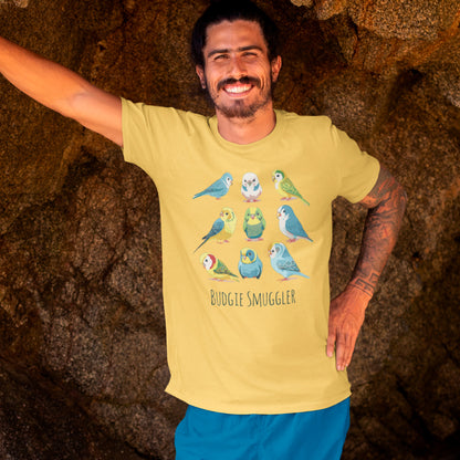 model wearing yellow Budgie Smuggler Unisex t-shirt