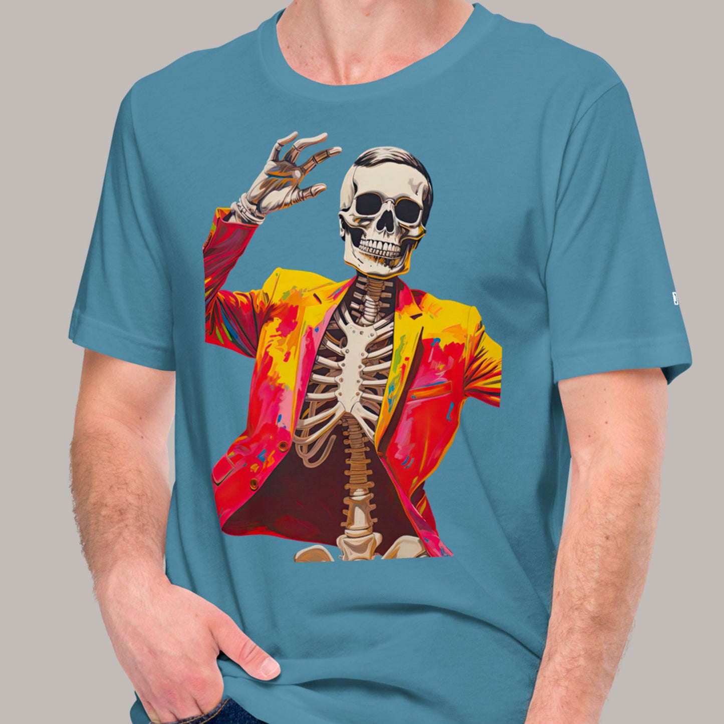 model wearing steel blue Disco Bones Unisex t-shirt