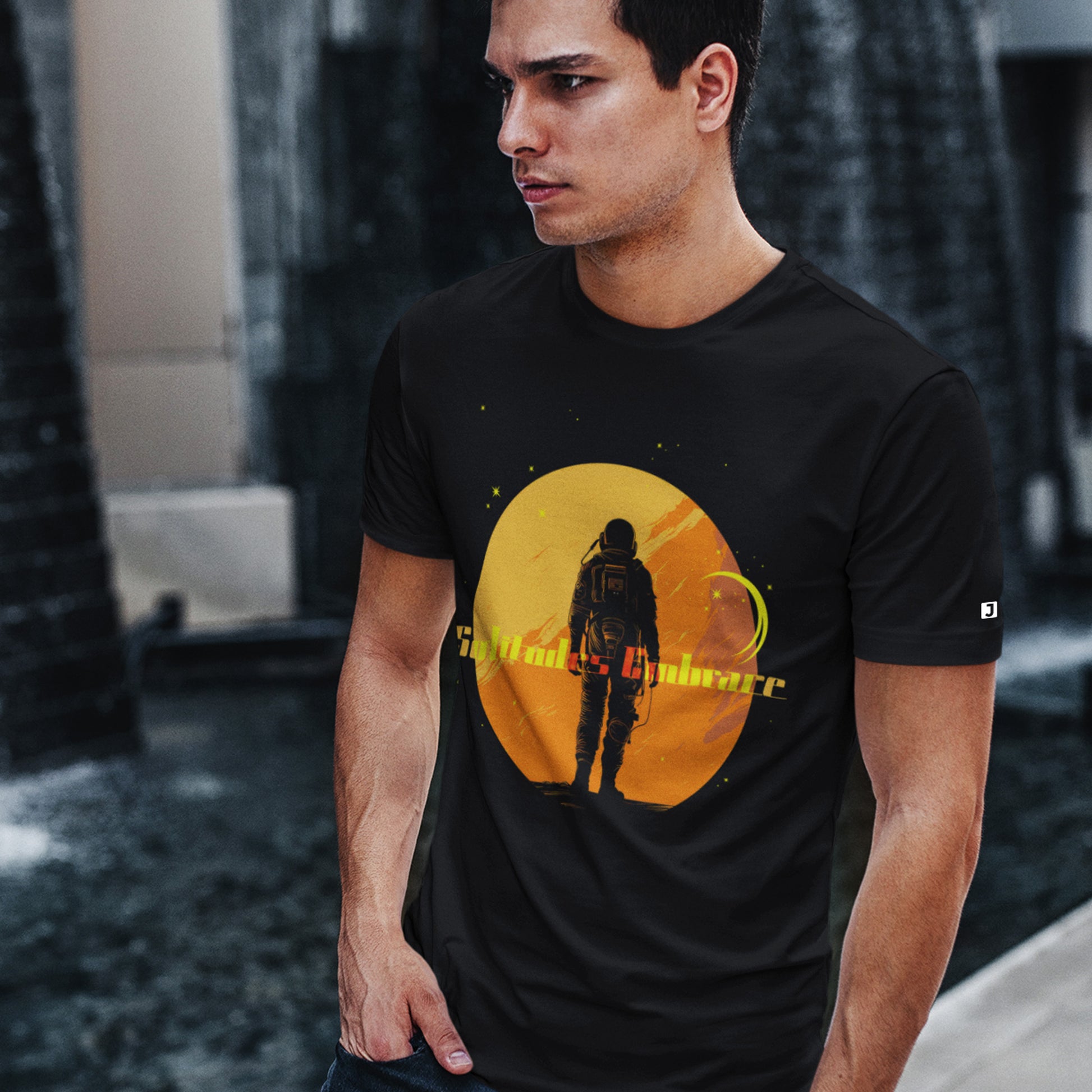 Solitudes Embrace Unisex t-shirt- in black- on model outdoors