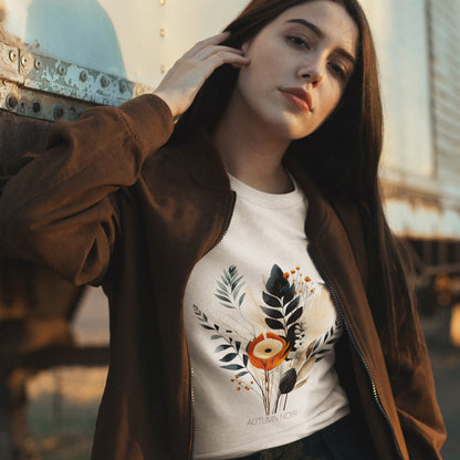 Autumn Noir Unisex T-shirt in White on Female Model outdoors