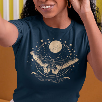 female model wearing french navyLuna Glow Unisex organic cotton t-shirt