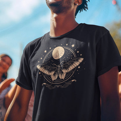 male model wearing black Luna Glow Unisex organic cotton t-shirt