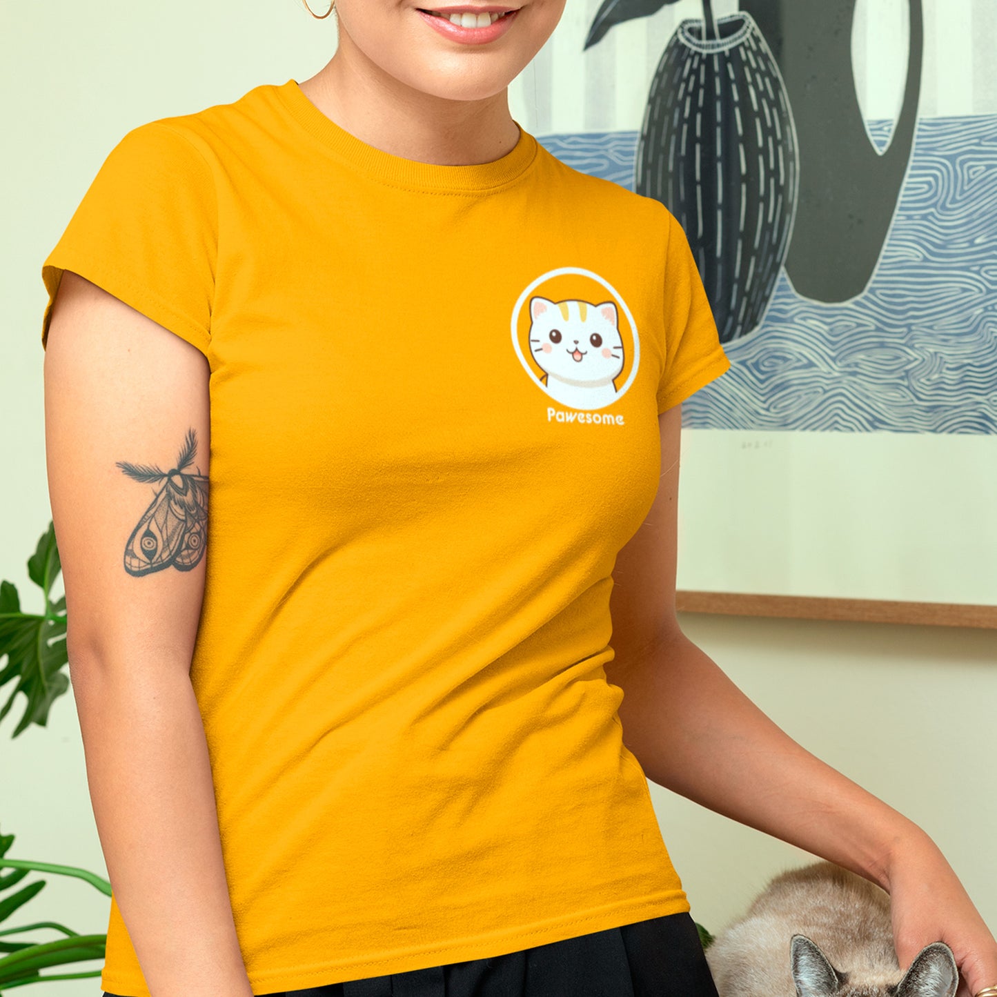 model wearing Pawesome Unisex t-shirt in gold 