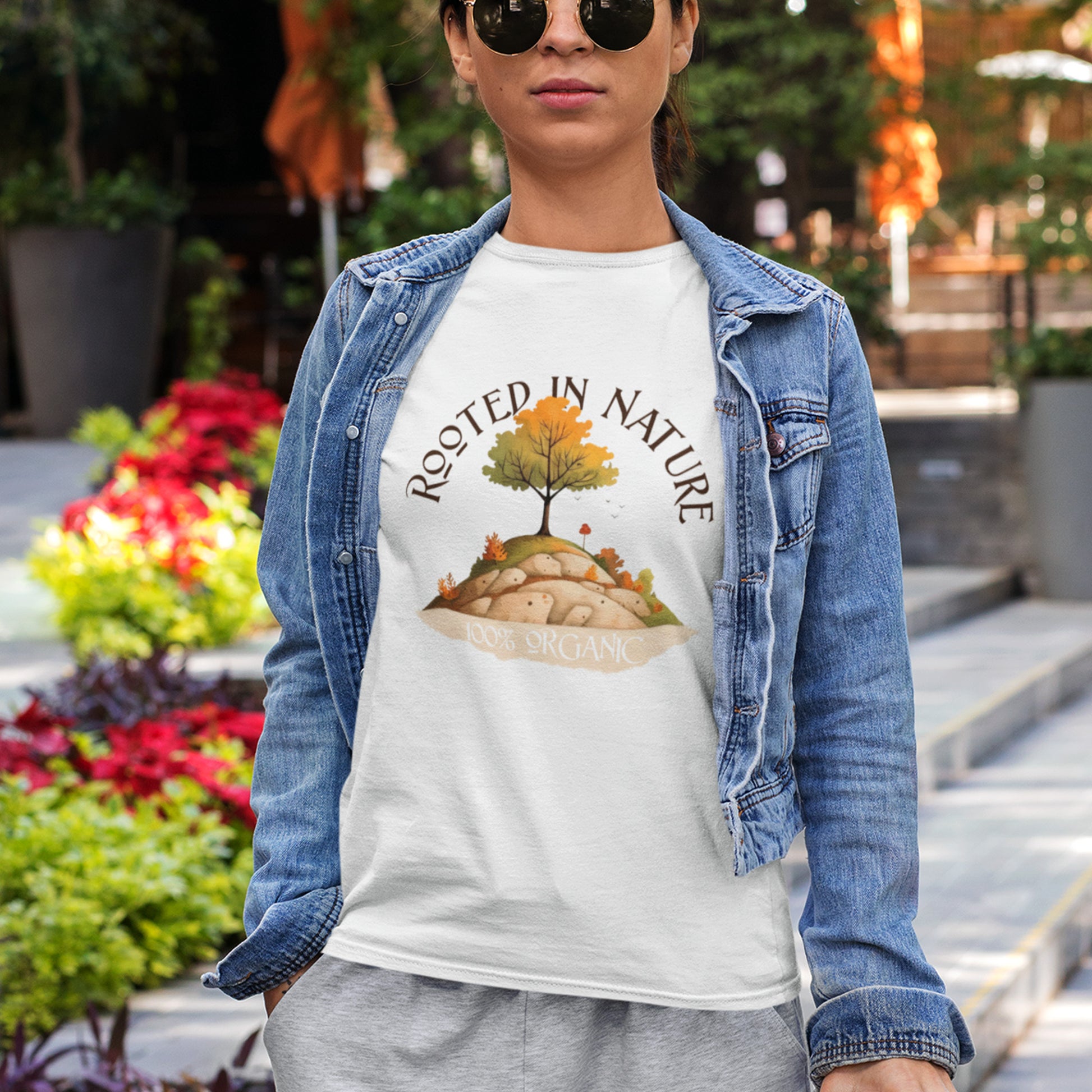 Female Model wearing Rooted in Nature Unisex organic cotton t-shirt- in white