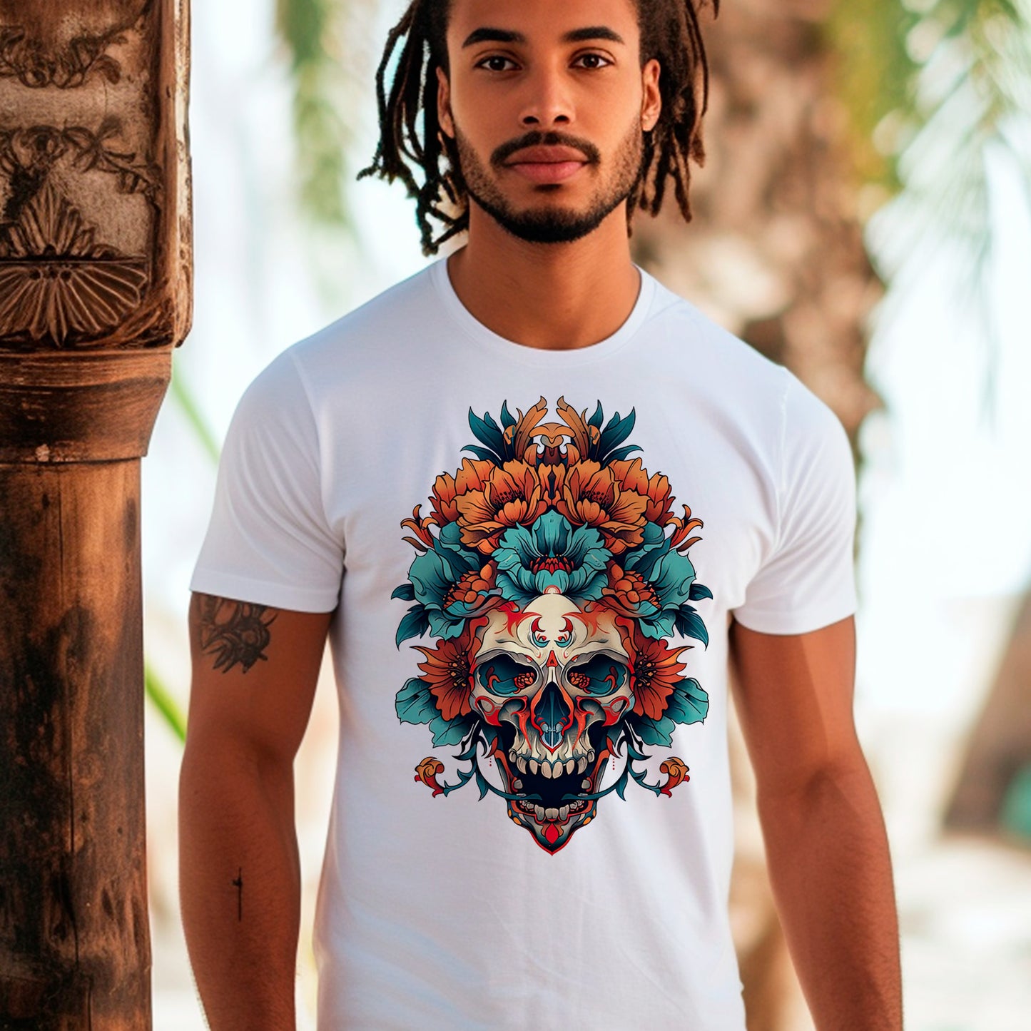 model wearing Death's Touch Premium Unisex organic cotton t-shirt